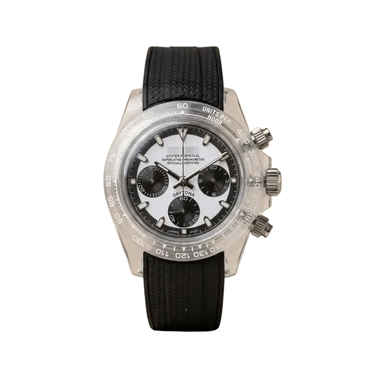 Mod Crystal Panda' Chrono – Transparent Case, White Dial & Black Strap (Original Seiko Movement)