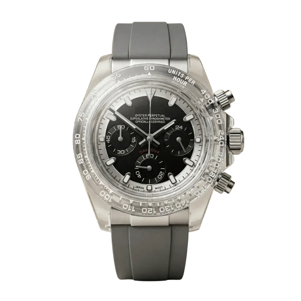Mod Ghost Chrono' – Transparent Case, Black Dial & Gray Strap (Original Seiko Movement)