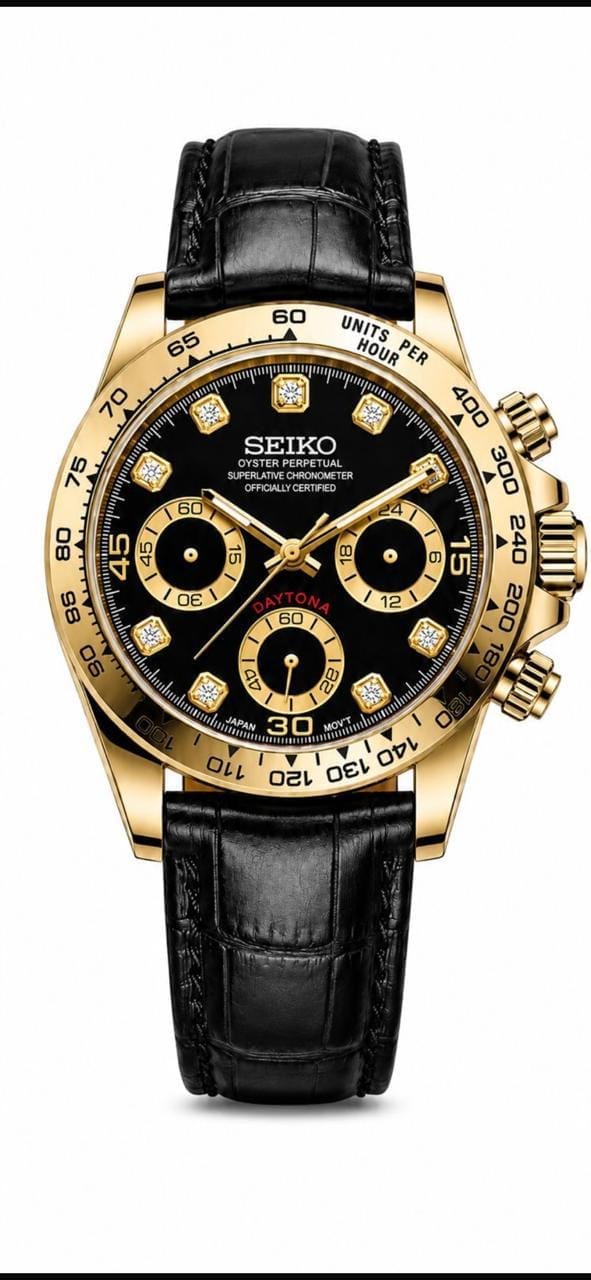 Seiko VK63 Meca-Quartz Custom Daytona Build – 18k Gold Plated, Black Leather Strap