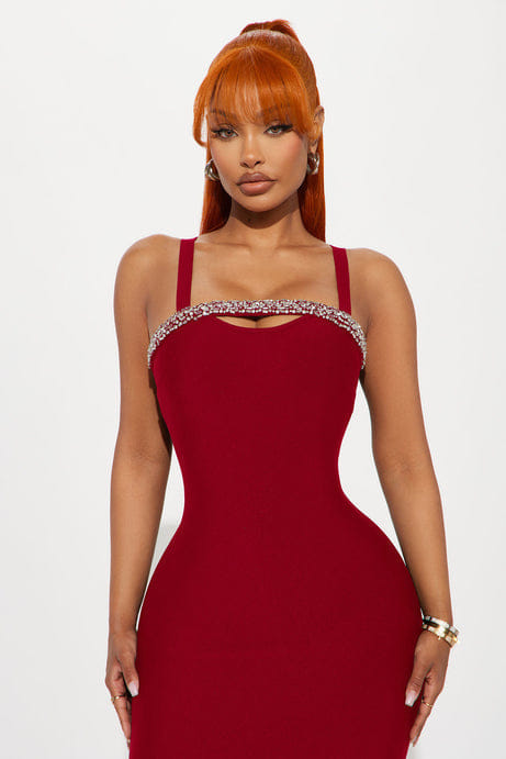 Jadore Rhinestone Bandage Midi Dress - Red
