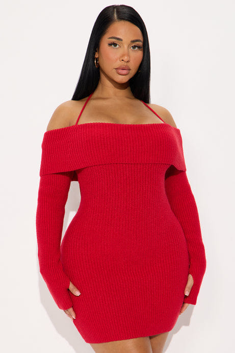 Hannah Open Back Sweater Mini Dress - Red