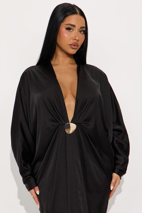 Bejeweled Pleated Satin Maxi Dress - Black