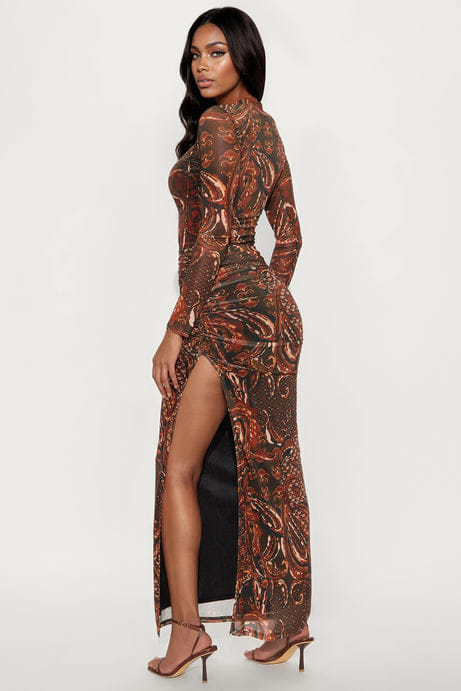 All For Me Lace Up Mesh Maxi Dress - Rust/combo