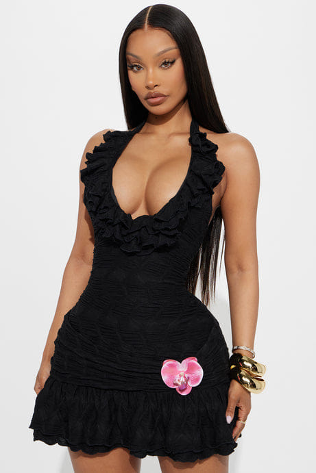 Armanita Orchid Textured Halter Mini Dress - Black