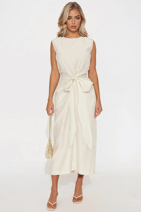 Ashley Tie Front Linen Maxi Dress - Natural