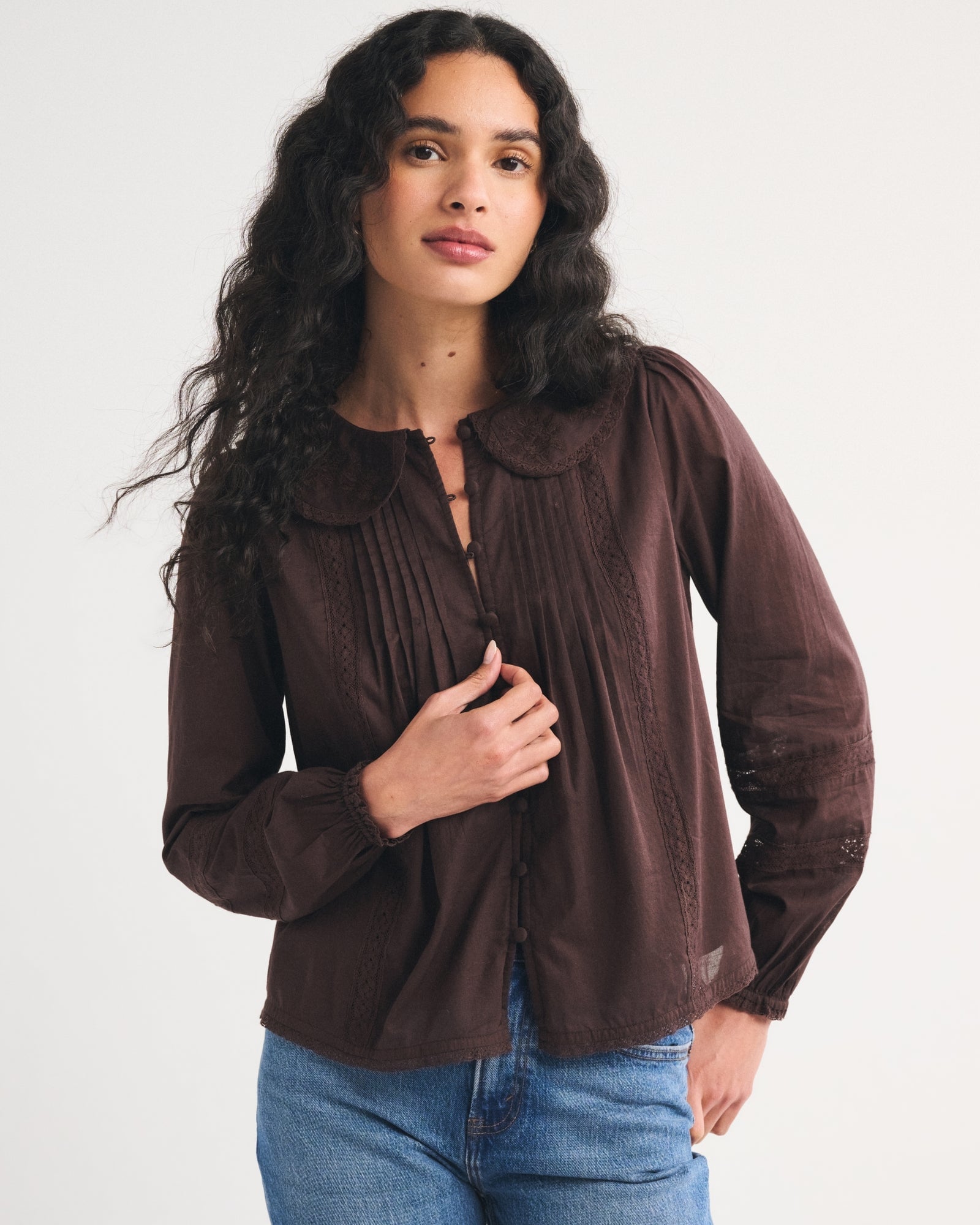 Abercrombie 100% Cotton Long-Sleeve Lace-Trim Collared Blouse