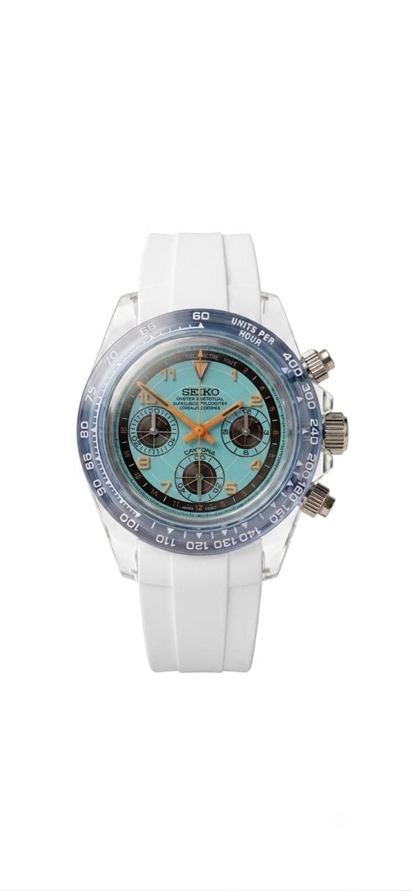 Seiko Daytona Mod Clear Case Transparent Chronograph Watch - Ice Blue / White