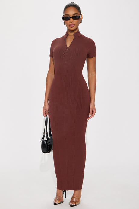 Mia Zip Snatched Maxi Dress - Brown