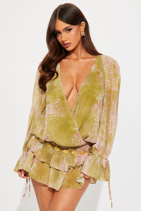 Bohemian Bliss Belted Chiffon Mini Dress - Olive