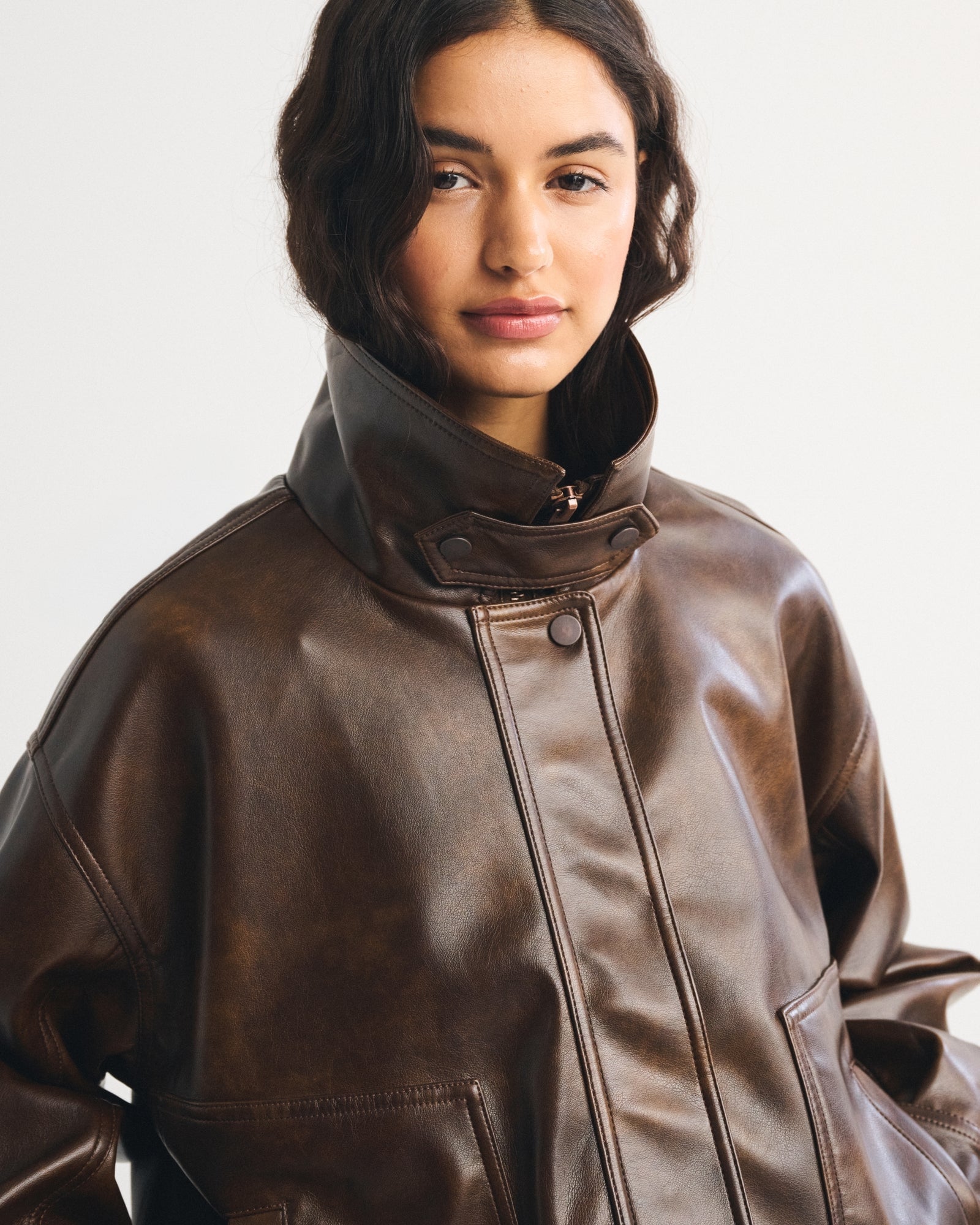 Abercrombie Funnel Neck Vegan Leather Bomber Jacket