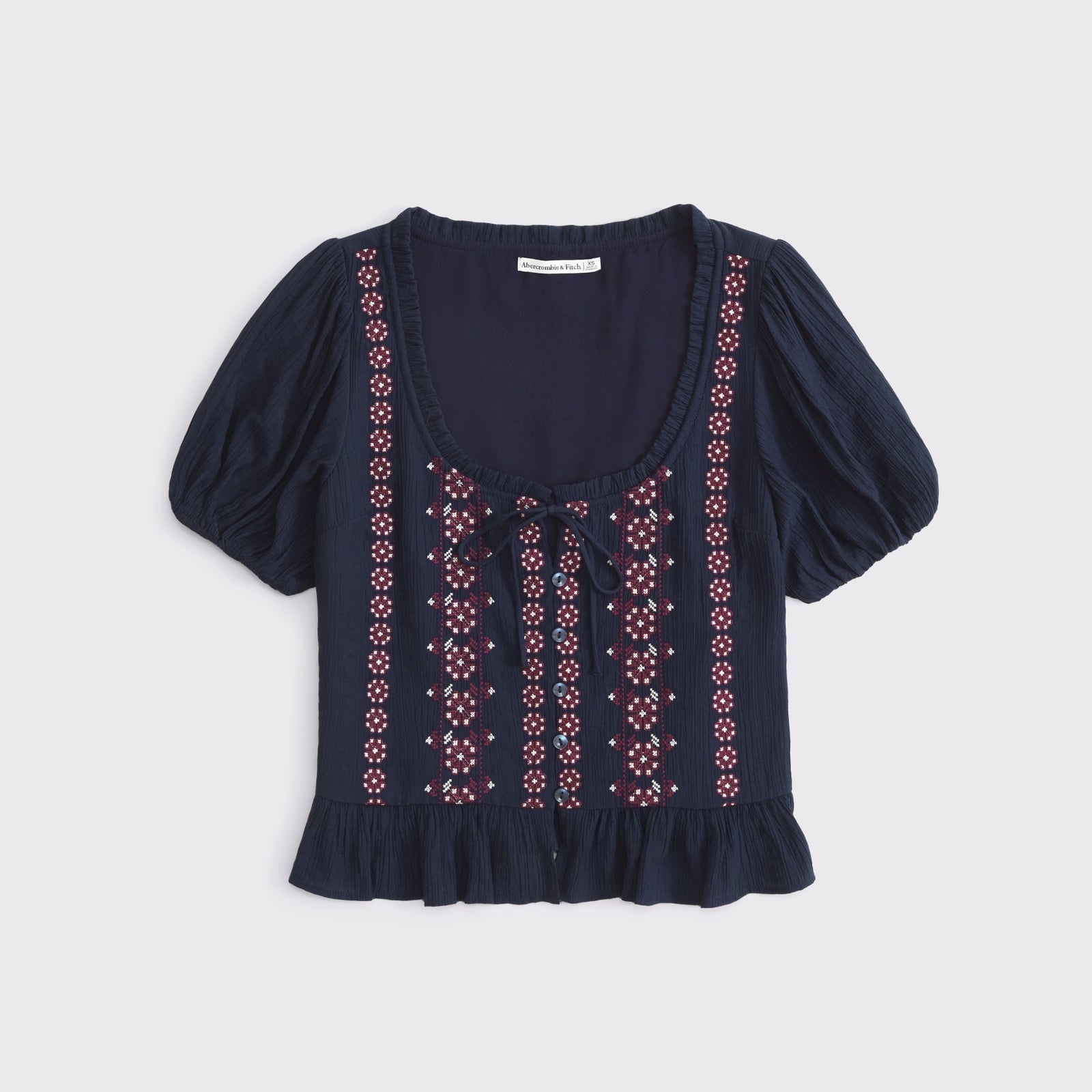 Abercrombie Embroidered Peplum Puff Sleeve Top