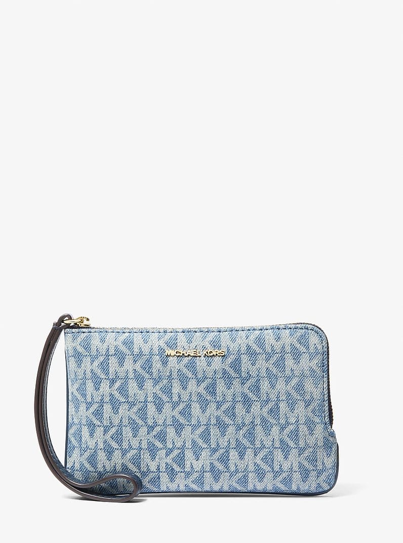 Jet Set Travel Small Signature Logo Print Denim Wristlet