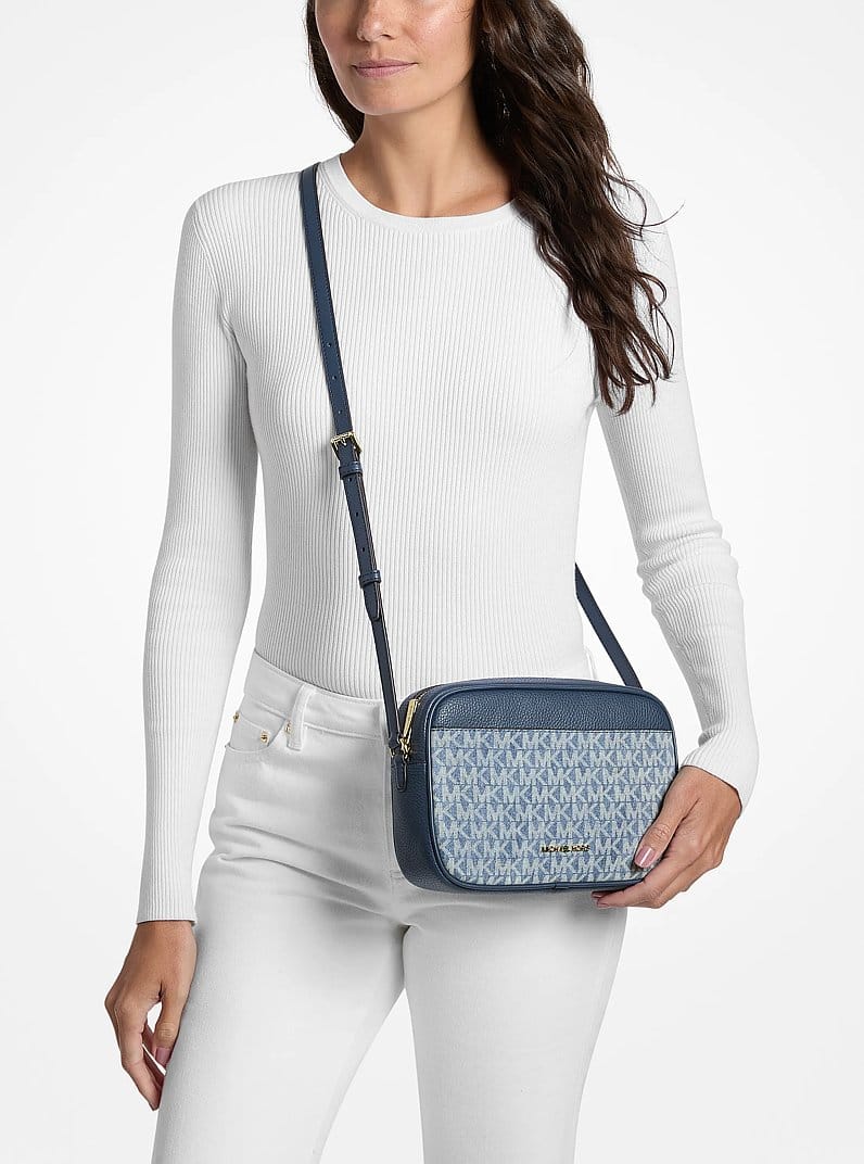 Jet Set Travel Signature Logo Print Denim Camera Crossbody Bag