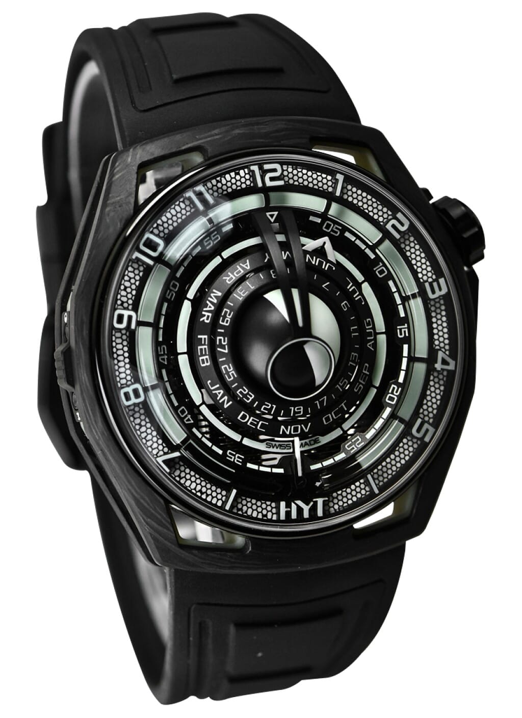 Moon Runner (Reference H02800-A). A 48mm black hydro carbon & tec light© manual wind wristwatch with date, month, and moon phase.