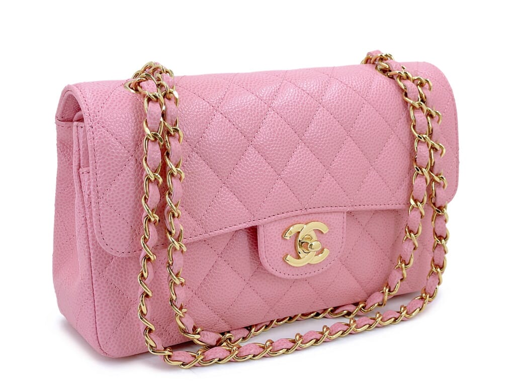 Sakura Pink Quilted Caviar Small Classic Double Flap Bag Gold Hardware, 2006