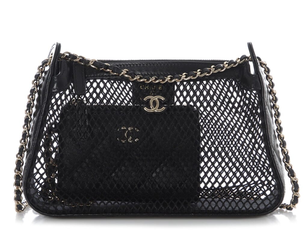 Black Mesh Shiny Lambskin Clutch Silver Hardware, 2025