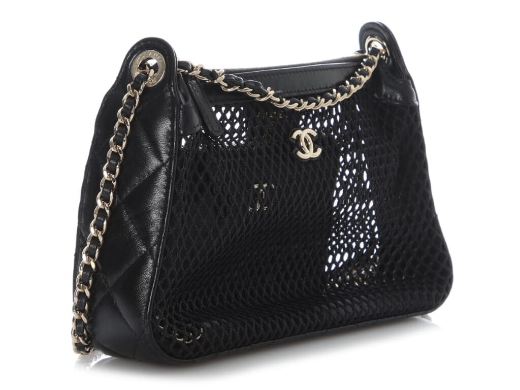 Black Mesh Shiny Lambskin Clutch Silver Hardware, 2025
