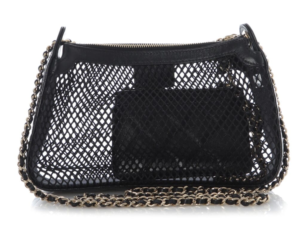 Black Mesh Shiny Lambskin Clutch Silver Hardware, 2025