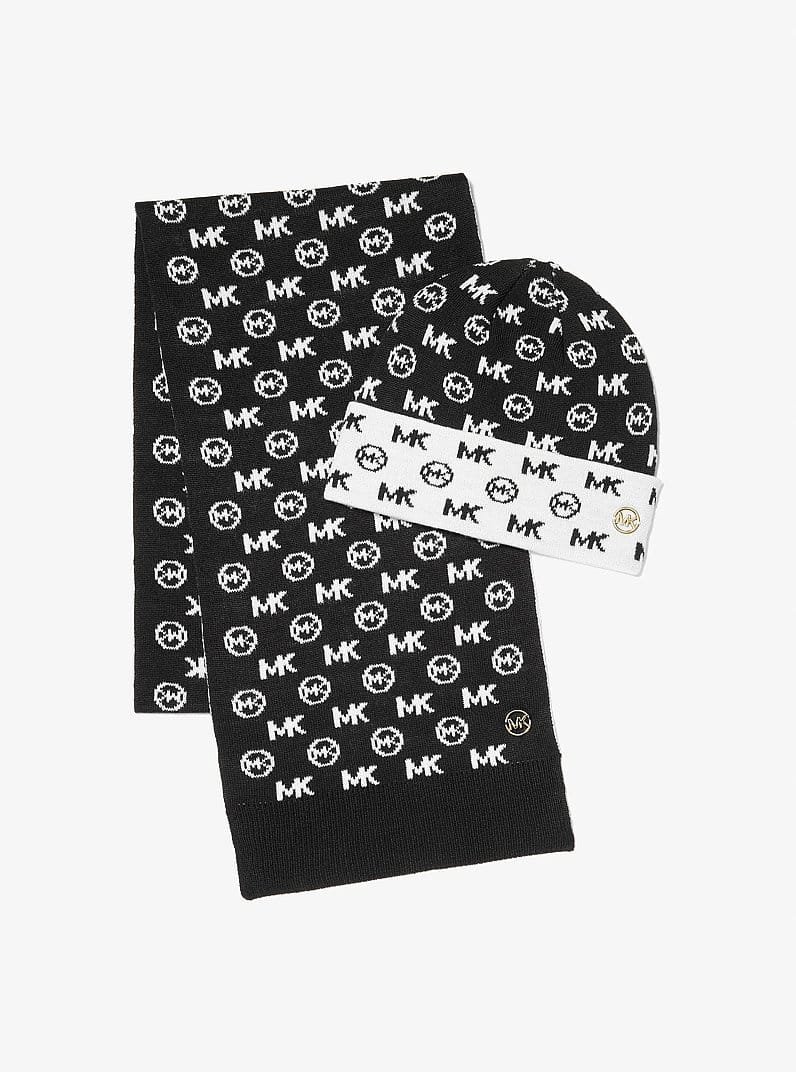 Logo Jacquard Knit Beanie Hat and Scarf Set