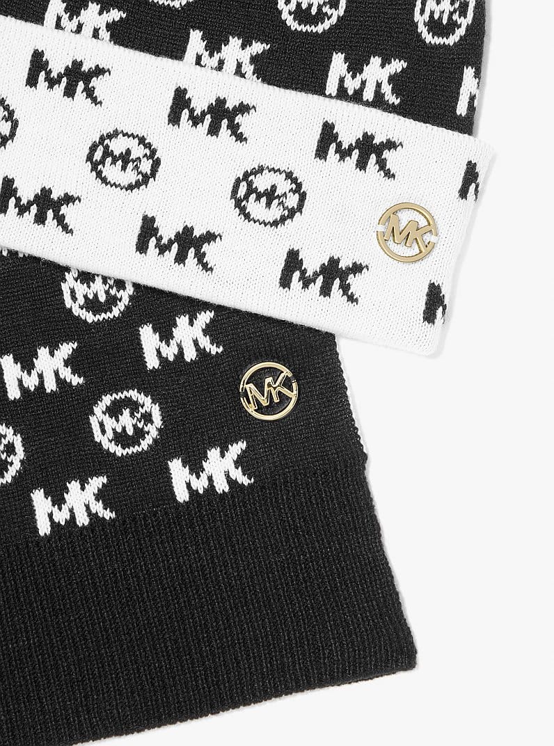 Logo Jacquard Knit Beanie Hat and Scarf Set