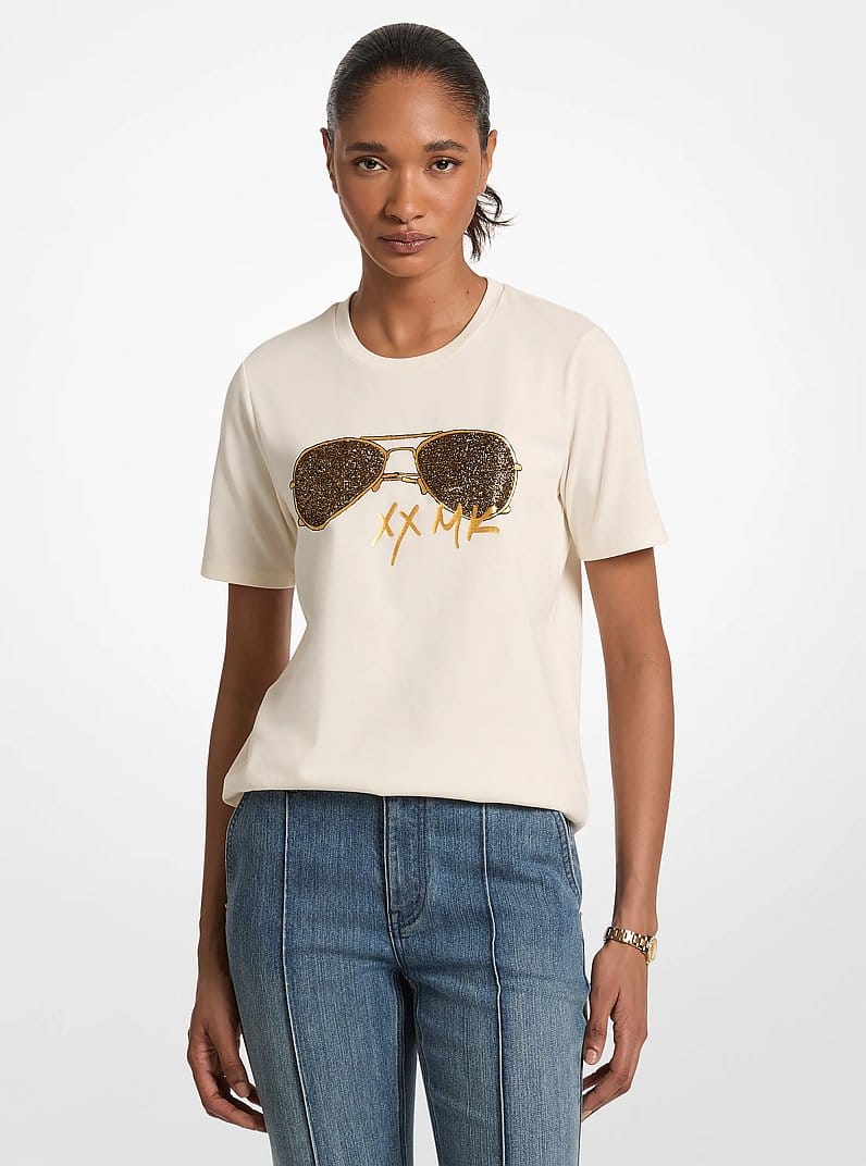Embellished Printed Cotton Jersey T-Shirt