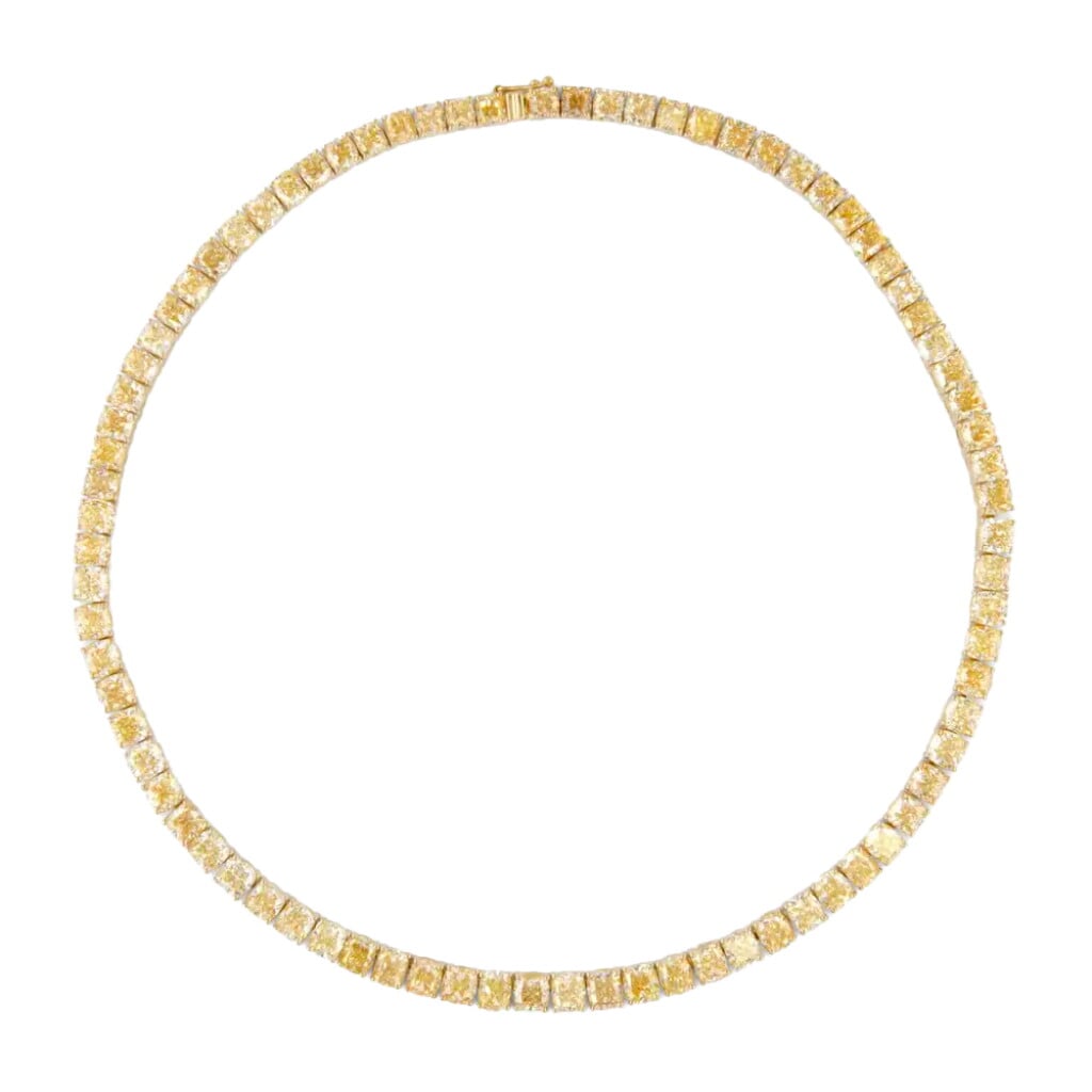 Gold and 53.95ctw Cushion Cut Yellow Diamond Tennis Necklace