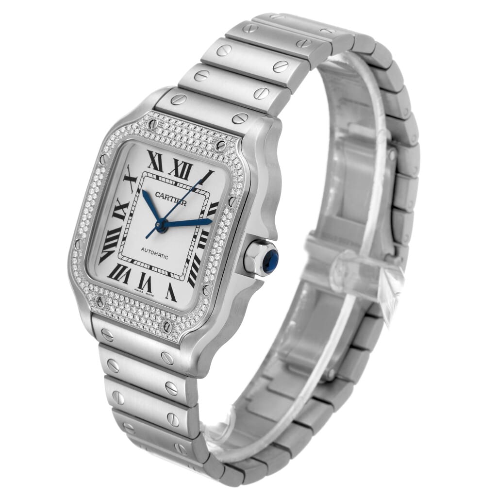 Santos de Cartier (Reference W4SA0005). A 35.1mm stainless steel diamond-set wristwatch. 2023