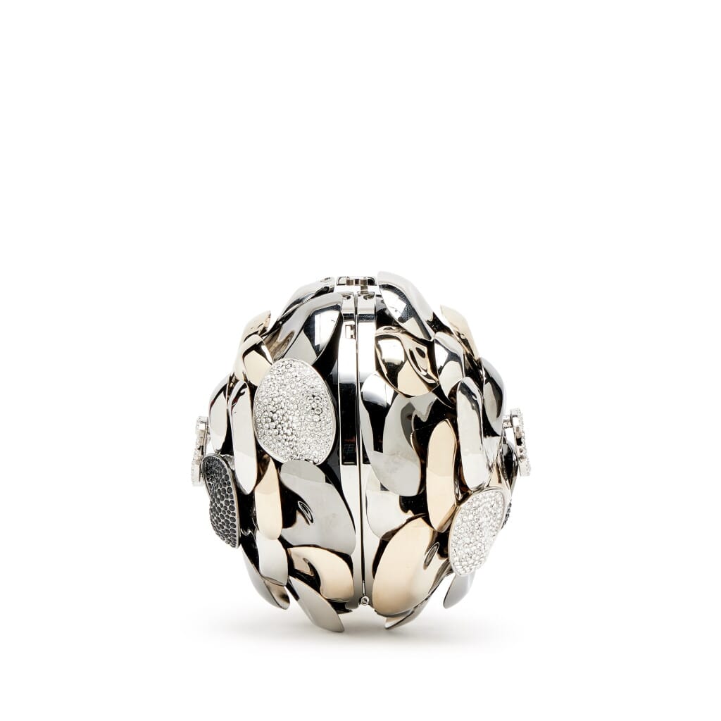 Silver and Gold Metal, Clear and Black Strass Crystal CC Camellia Ball Minaudière Clutch, 2023