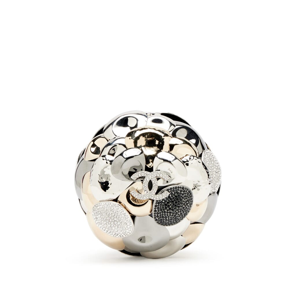 Silver and Gold Metal, Clear and Black Strass Crystal CC Camellia Ball Minaudière Clutch, 2023