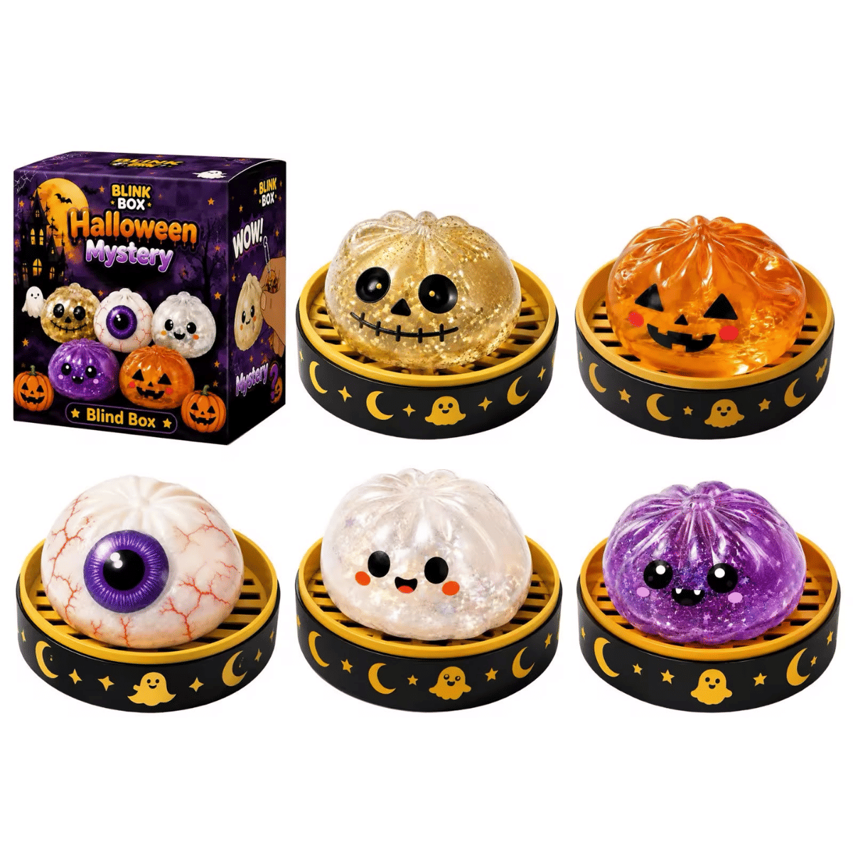 5 Pieces Spooky-Cute Ghost Dumpling Squishy Halloween Press Toy with Tray Satisfying Ghost Squishy Soft for Party Favors, 5.5CM, Ghost 5-piece Set