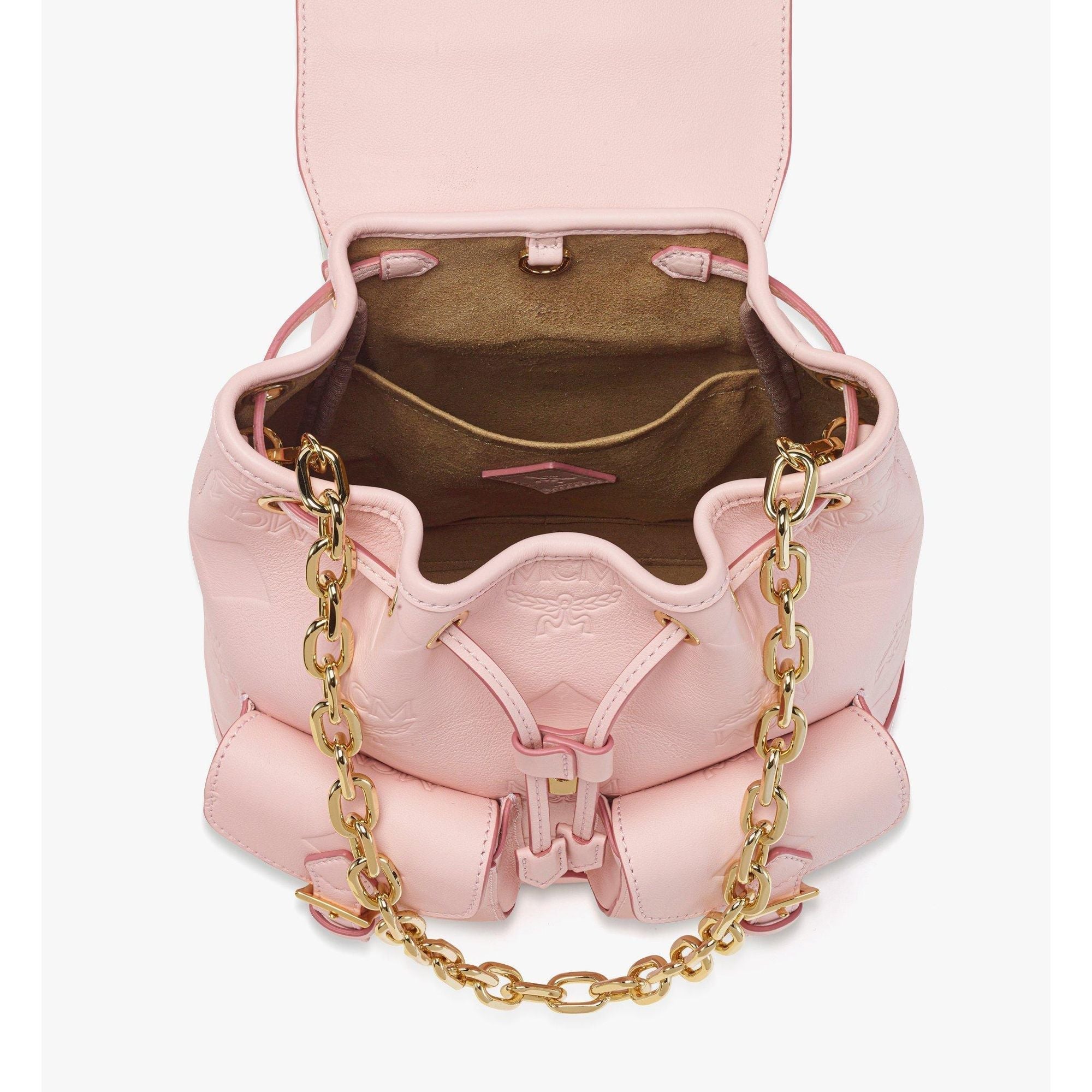 MCM Small Aren Drawstring Backpack in Maxi Monogram Leather