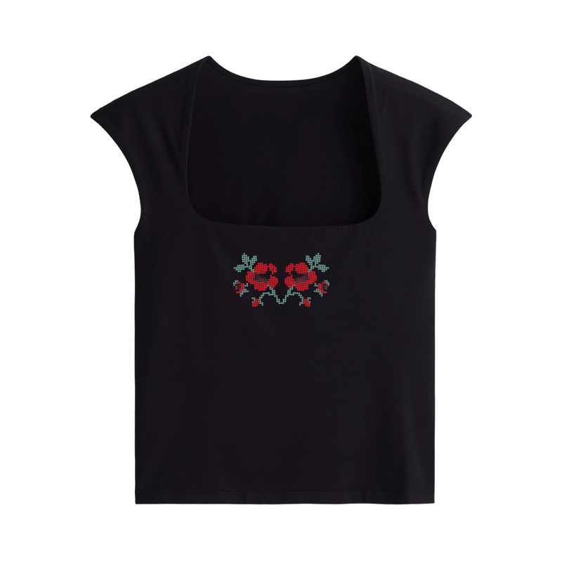 Off Supply Cross-stitch Motif Black Crop Top