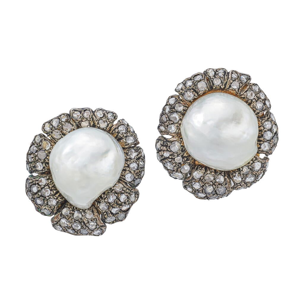 Gold, White Gold, Cultured Pearl and Diamond Earclips