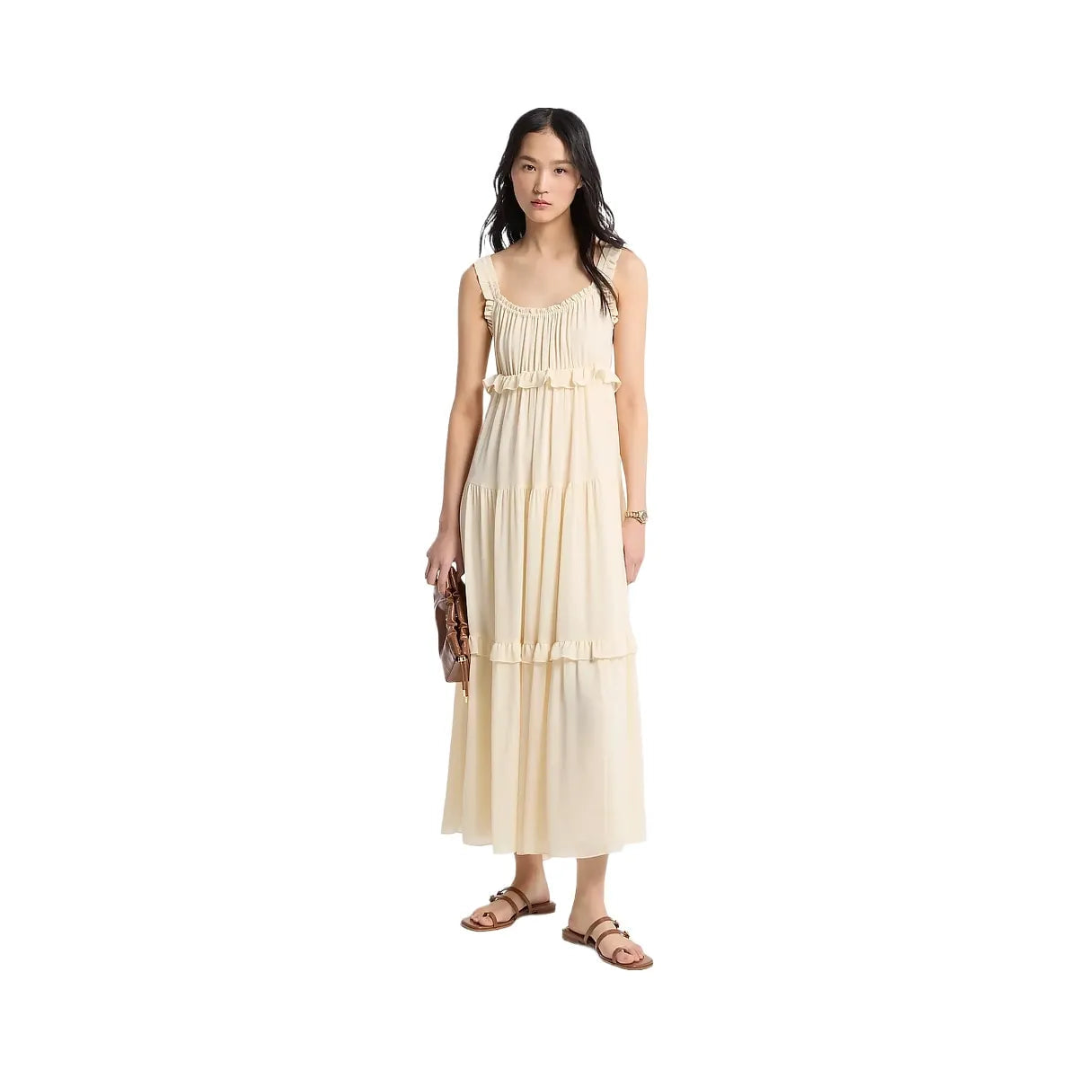 Michael Kors Ruffled Georgette Maxi Dress Bone