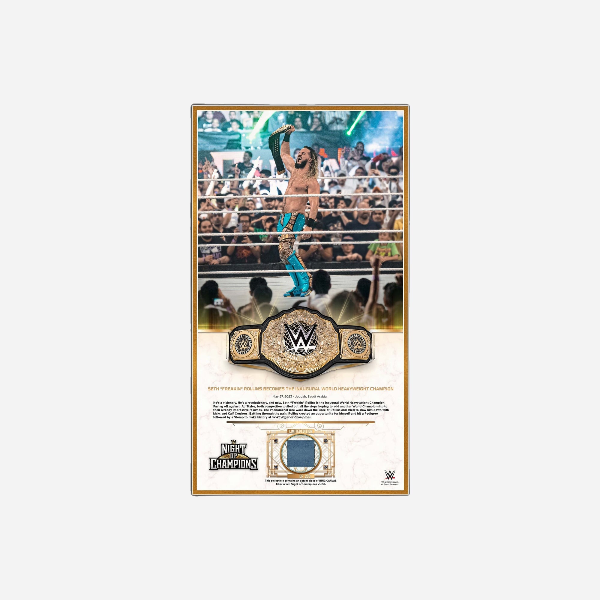 Seth "Freakin" Rollins WWE Framed Golden Moments 10" x 18" 2023 Night of Champions Collage with a Piece of Match-Used Canvas - Limited Edition of 250