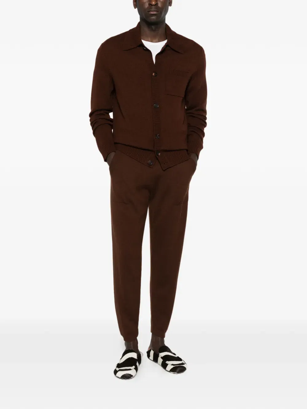 ribbed shirt-collar cardigan