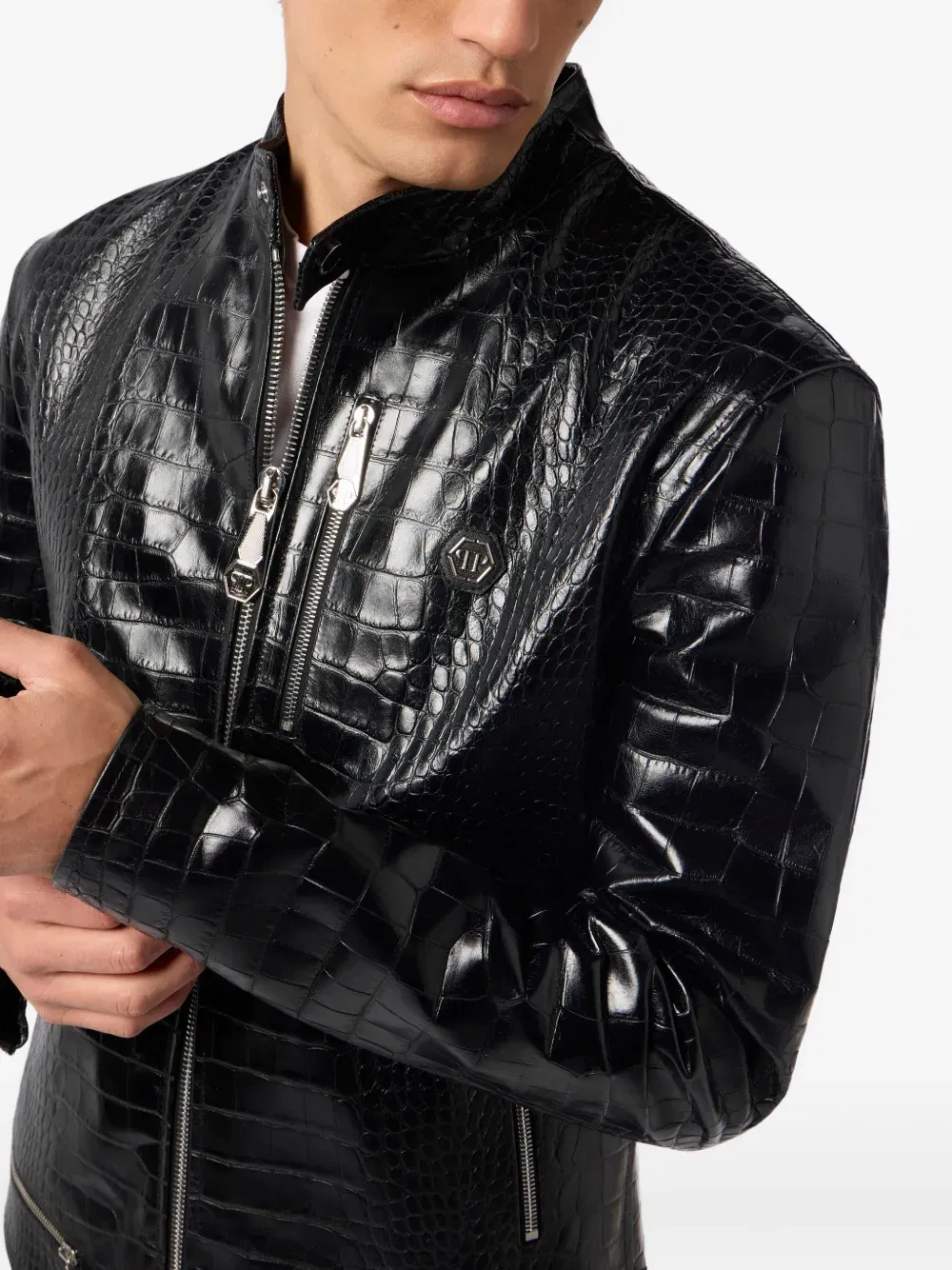 crocodile-print leather jacket