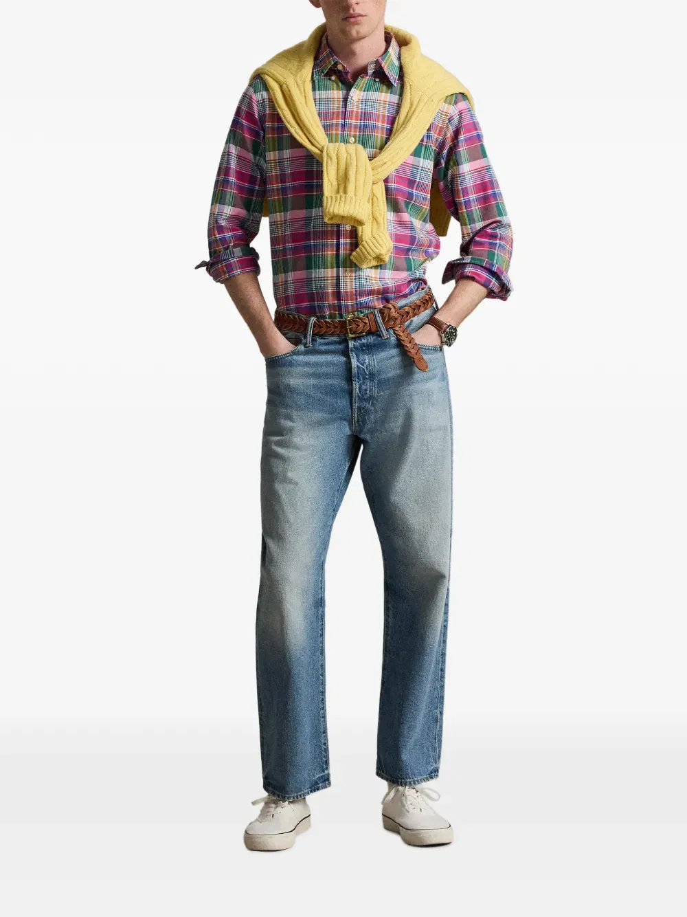 plaid-pattern embroidered-logo shirt