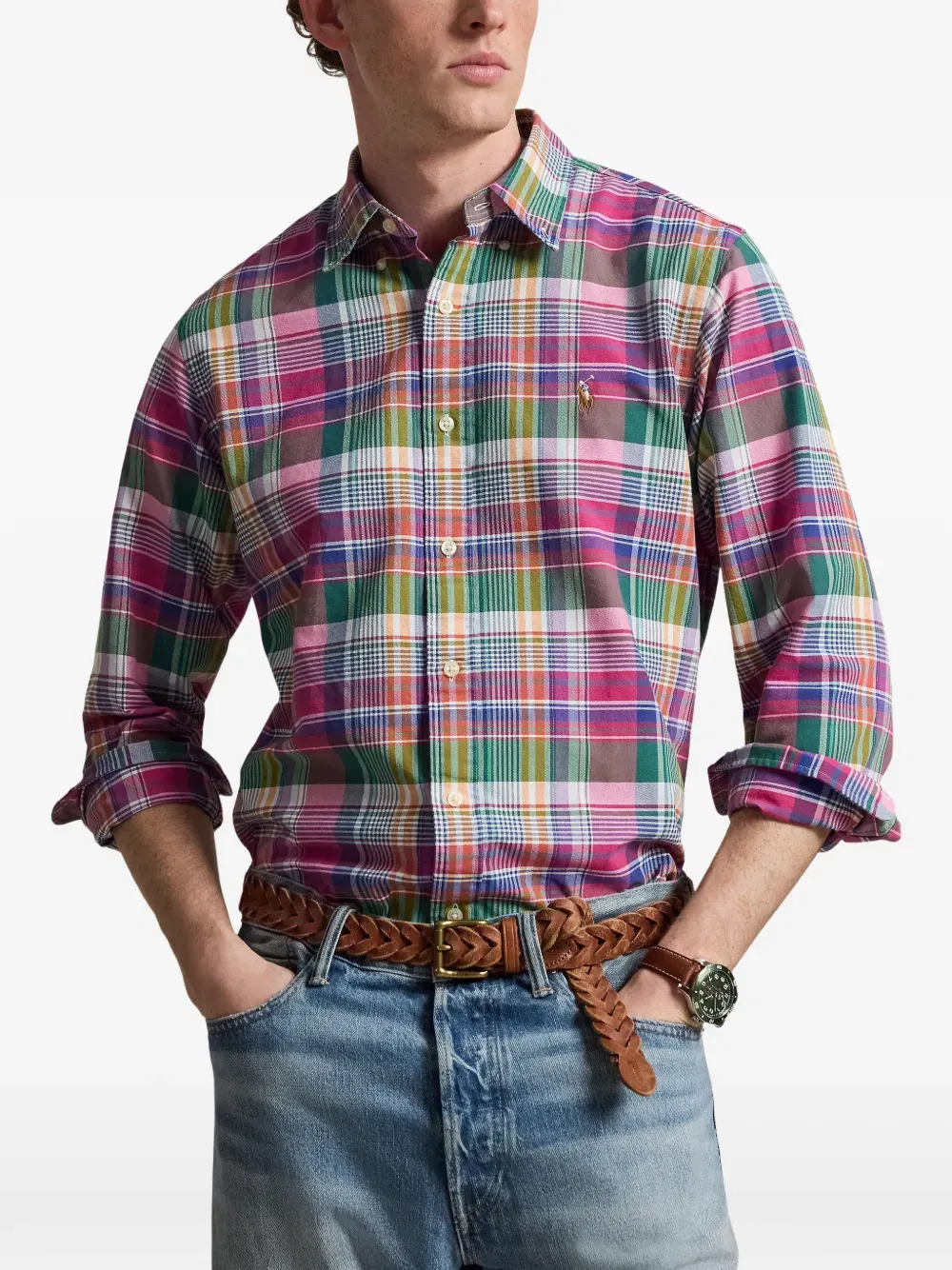plaid-pattern embroidered-logo shirt