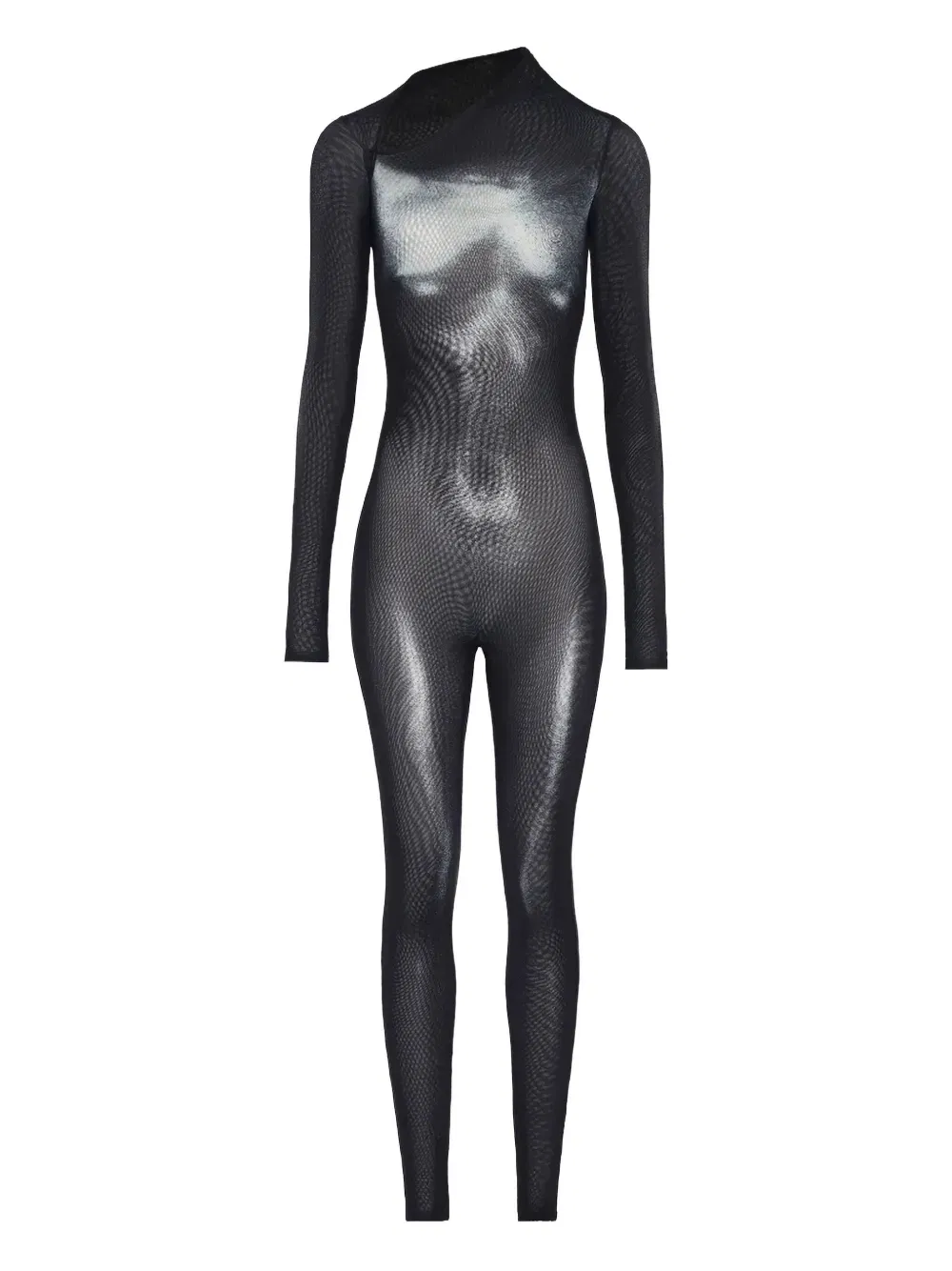 asymmetric-collar mesh jumpsuit