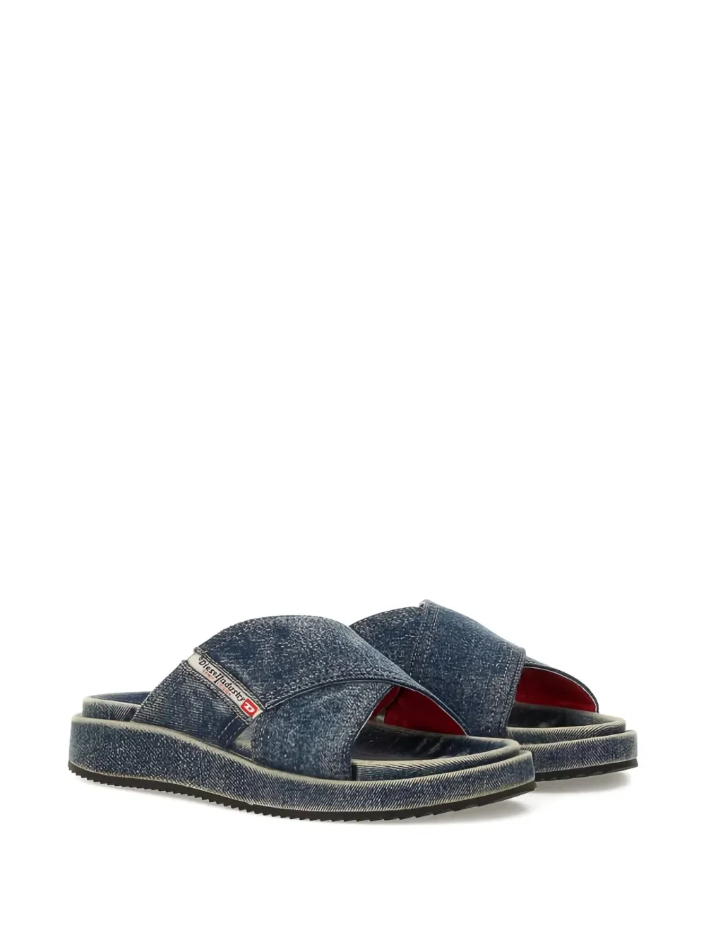 denim cross-strap slides
