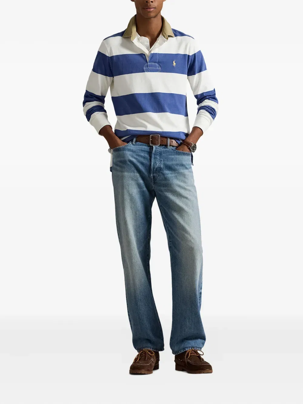striped-pattern long-sleeve polo shirt
