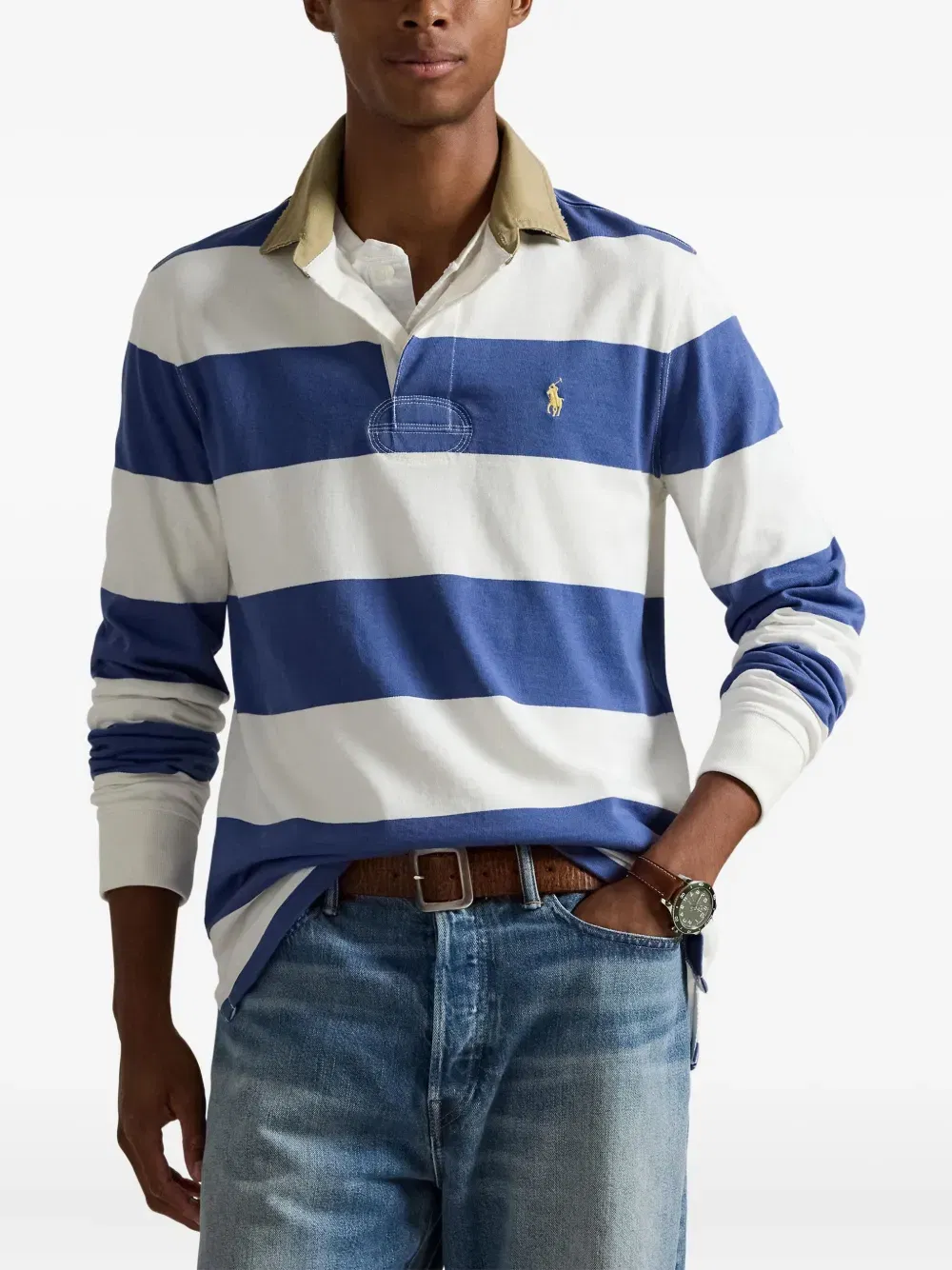 striped-pattern long-sleeve polo shirt