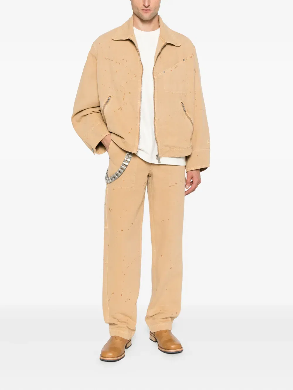 paint-splatter carpenter trousers