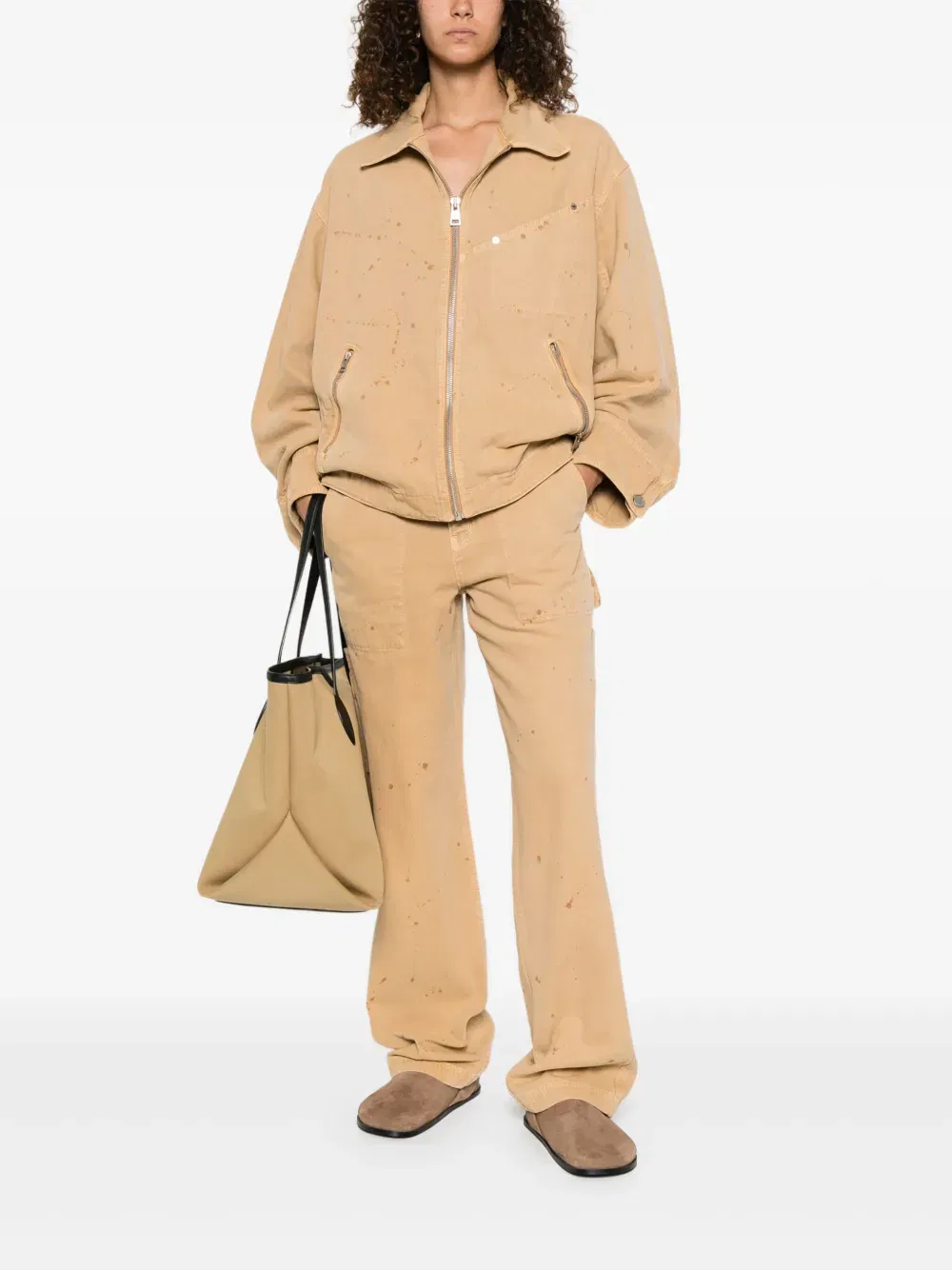paint-splatter carpenter trousers