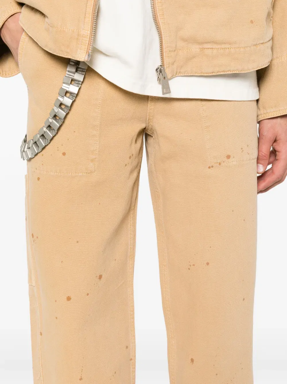 paint-splatter carpenter trousers