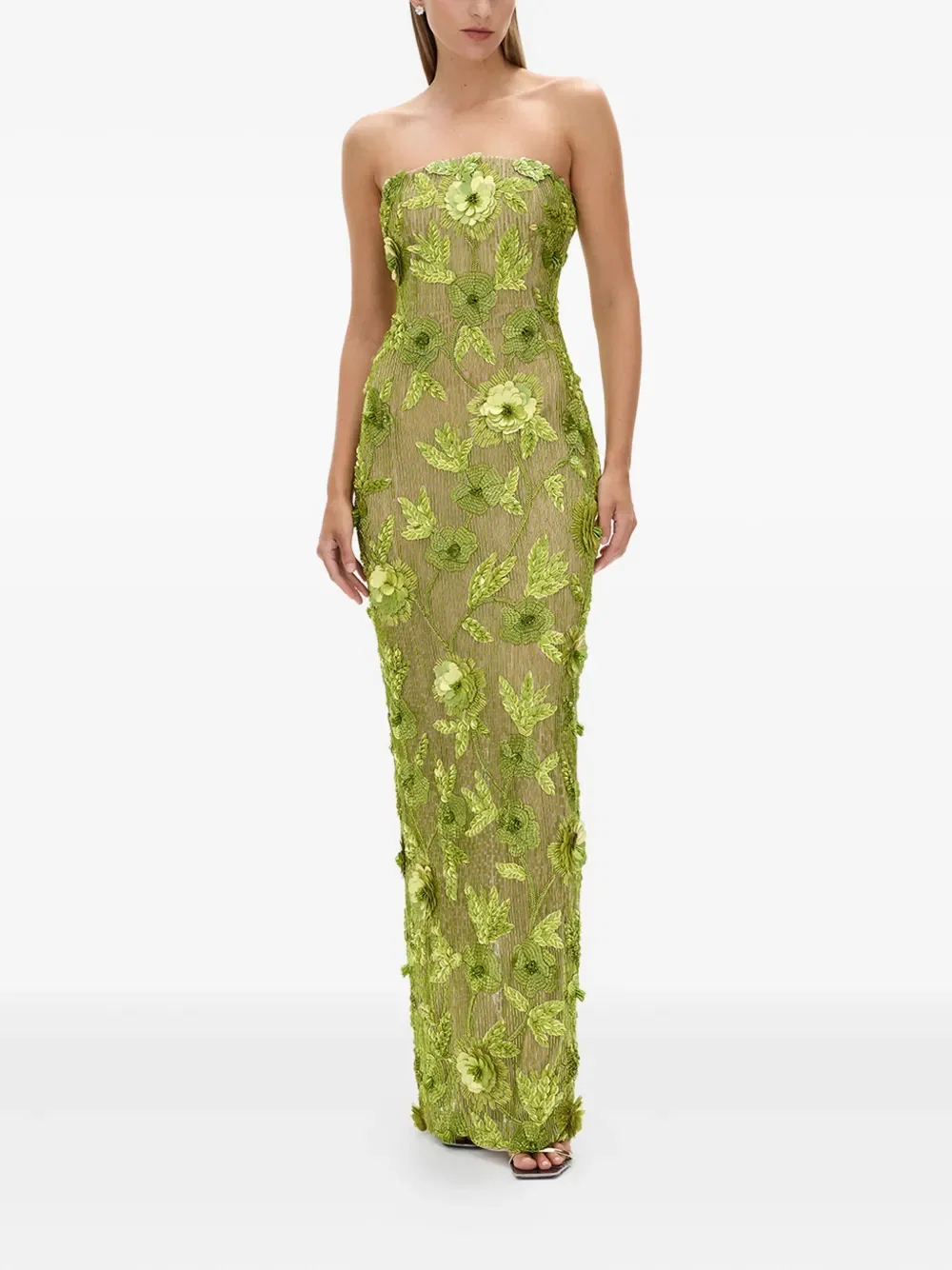 Pierre floral-embellished strapless gown