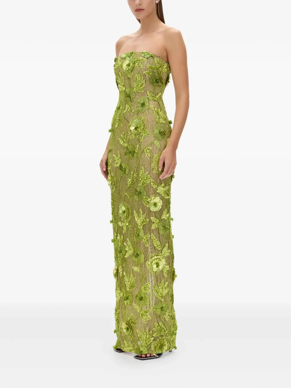 Pierre floral-embellished strapless gown