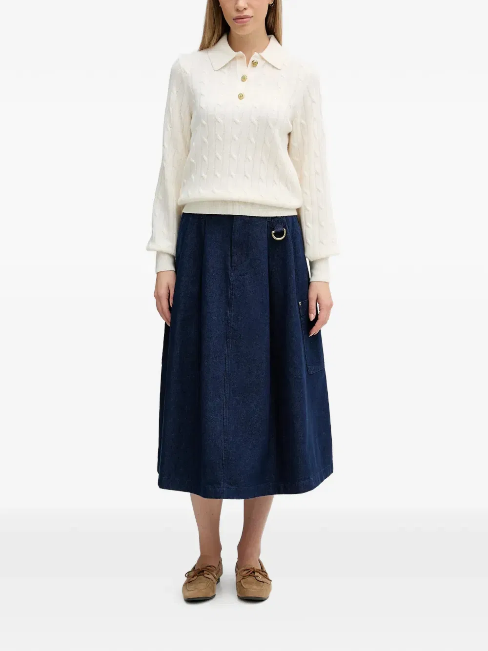 Evie cable-knit button polo top