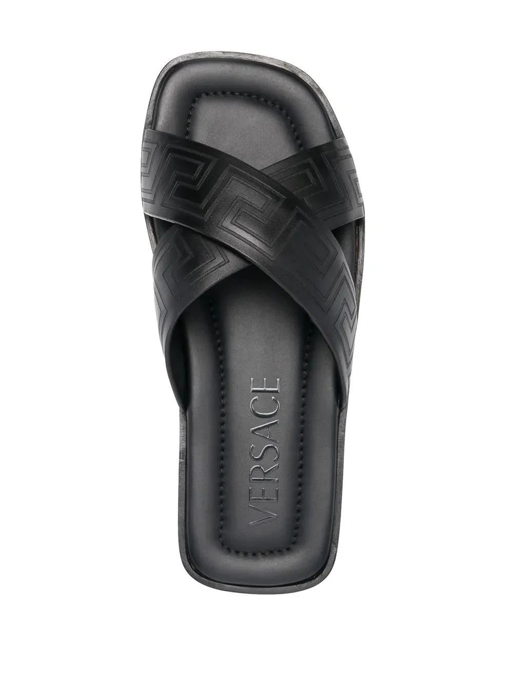 Greca-pattern open-toe slides